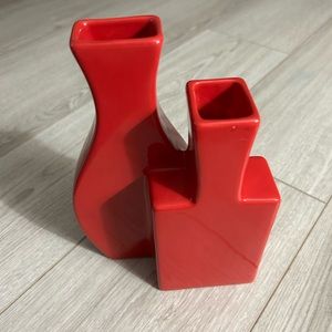 Red Vase w/ 2 Openings. (9 1/4” H w/ 2” Opening, 8 1/4” H w/ 1 3/4”) 6 1/2” W
